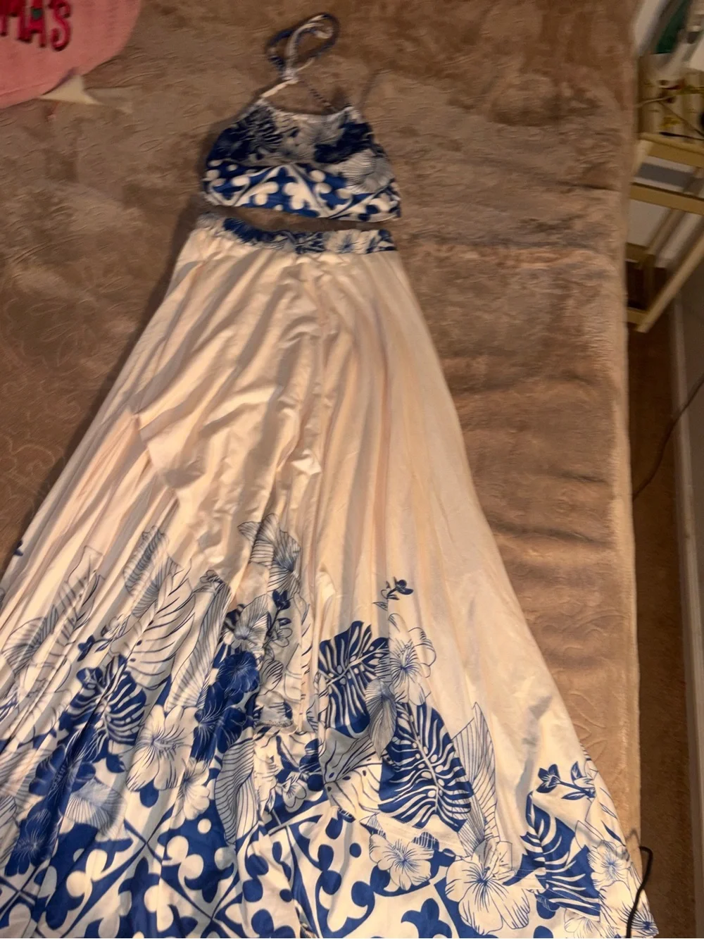 Blue and White Floral Halter Top & Maxi Skirt Set